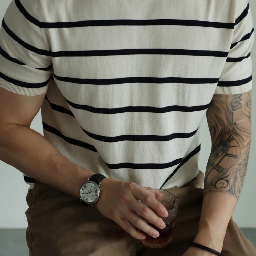 Men's Striped Short Sleeve Knit Sweater Top T-Shirt